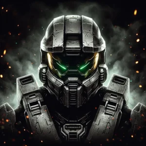 Tuff Xbox PFP featuring a battle-hardened armored soldier, inspired by Gears of War, in a war-torn scene, 512x512