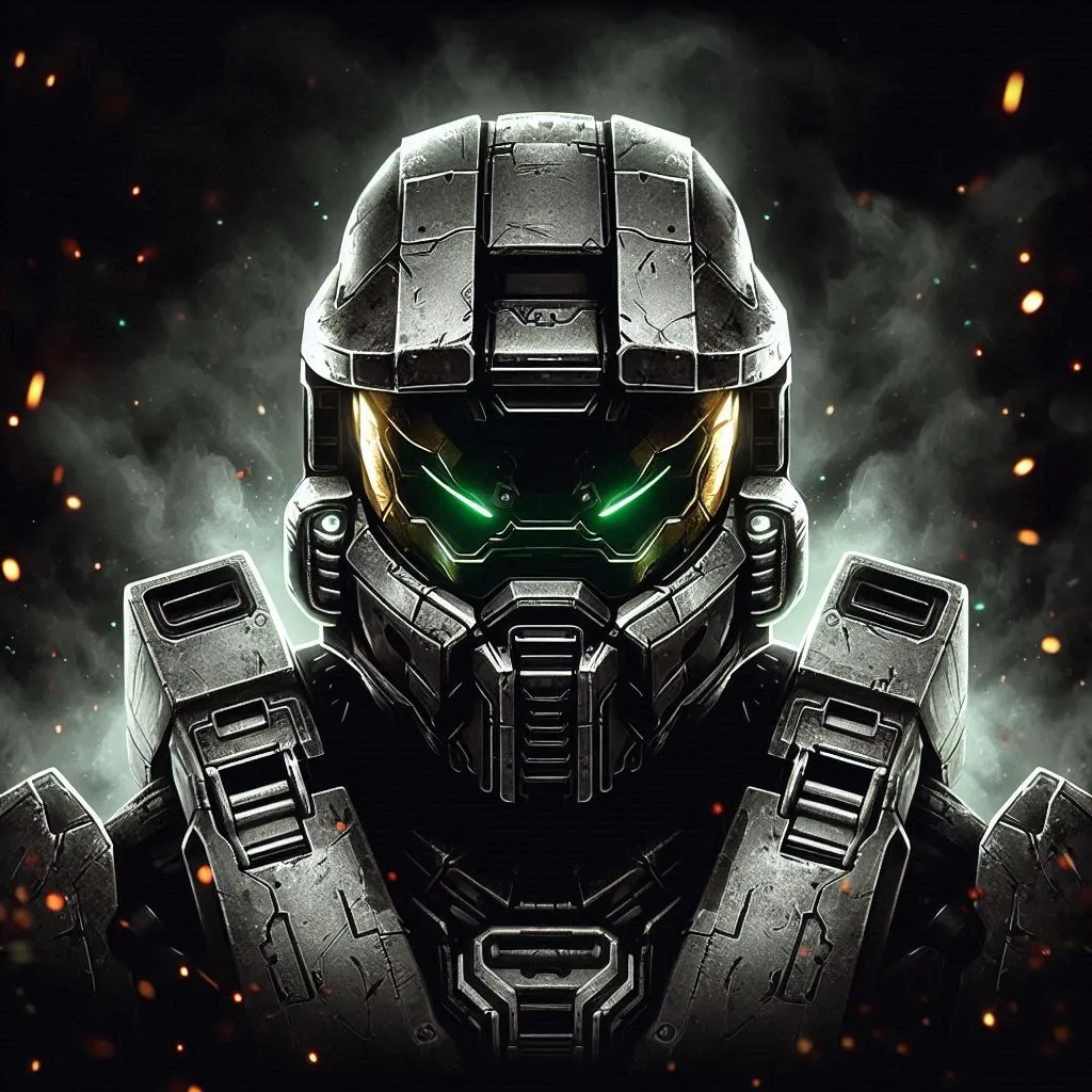 Tuff Xbox PFP featuring a battle-hardened armored soldier, inspired by Gears of War, in a war-torn scene, 512x512.