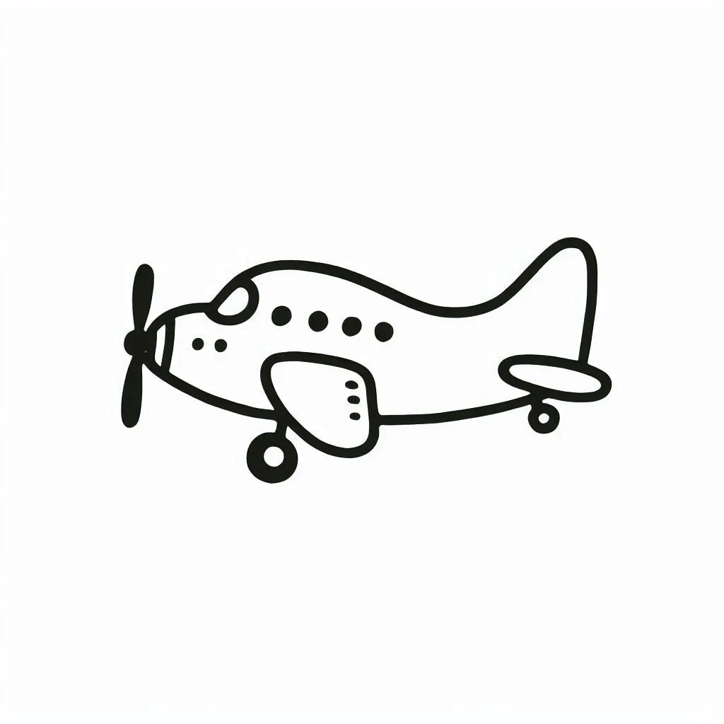 Cartoon airplane drawing for kids with dashed guidelines, wings, and smiling pilot